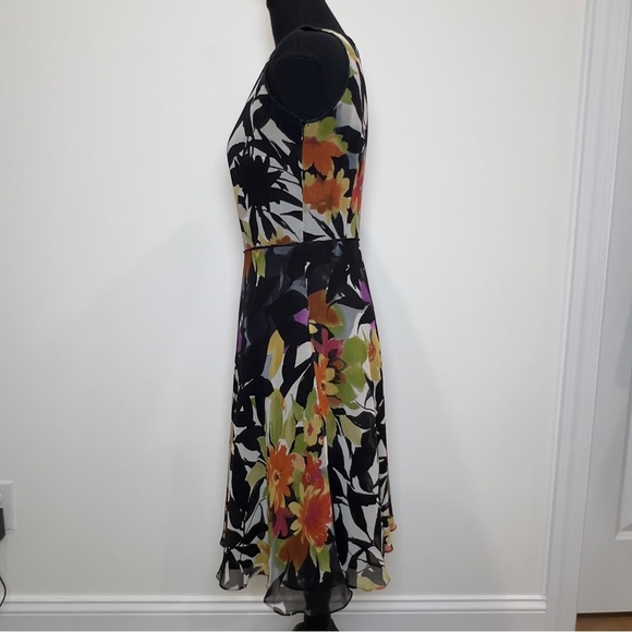 Adrianna Papell Vibrant Black and Floral Silk Midi Dress Size 4 Petite - Picture 8 of 13